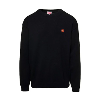 KENZO SS23 Black Sweater with Small Red Flower Embroidery. FD65PU4193LC-99