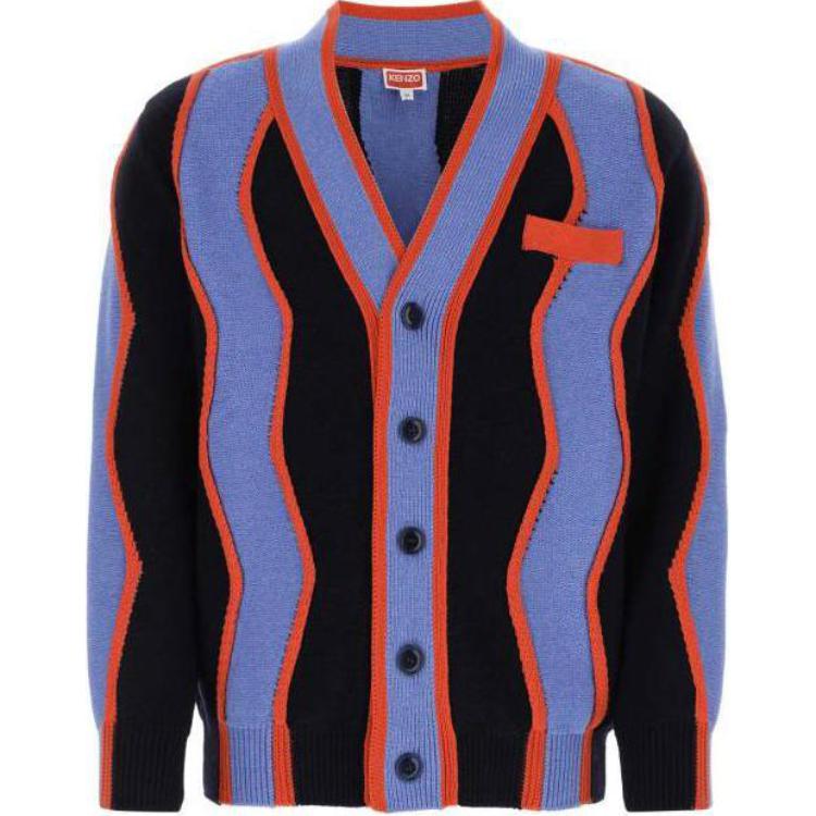 KENZO SS23  Blue Black Colorblock Striped Knit Sweater Long Sleeve. FD55CA3533CK-77