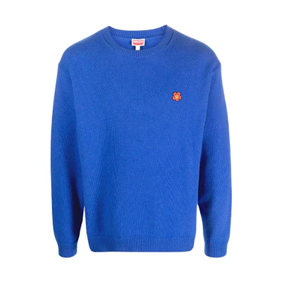 KENZO SS23 Blue Loose-Fit Crewneck Sweater with Floral Embroidery. FD65PU4193LC-71