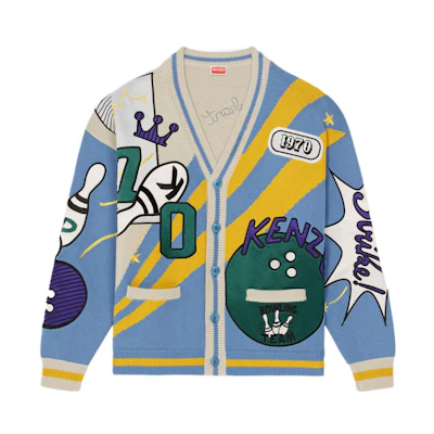KENZO SS23 Blue V-Neck Sweater with Letter Animal Intarsia Design. FD55CA3623CM-69