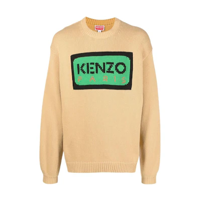 KENZO SS23 Contrast Logo Letter Patch Sweater Khaki Color. FD55PU3833LA-11