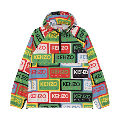 KENZO SS23 Floral Half-Zip Logo Print Hooded Windbreaker. FD55BL0539NG-MU
