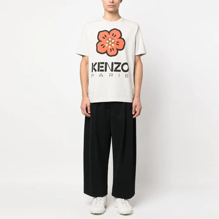 Shop KENZO SS23 花卉标志印花圆领T恤 浅灰色 FD55TS4454SO-93
