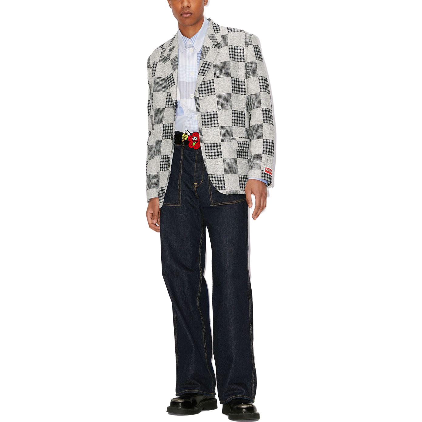 Shop KENZO SS23  Grey Plaid Detail Single-Breasted Blazer Jacket. FD55VE1269JF-77