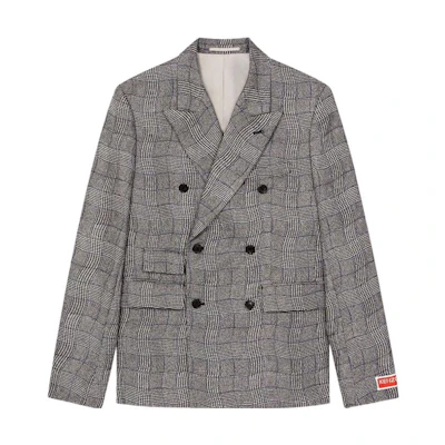 KENZO SS23 Grey Wave Check Double-Breasted Print Blazer. FD55VE1259JB-99
