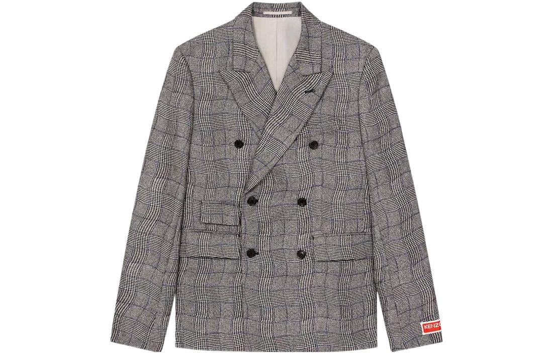 Order KENZO SS23  Grey Wave Check Double-Breasted Print Blazer. FD55VE1259JB-99