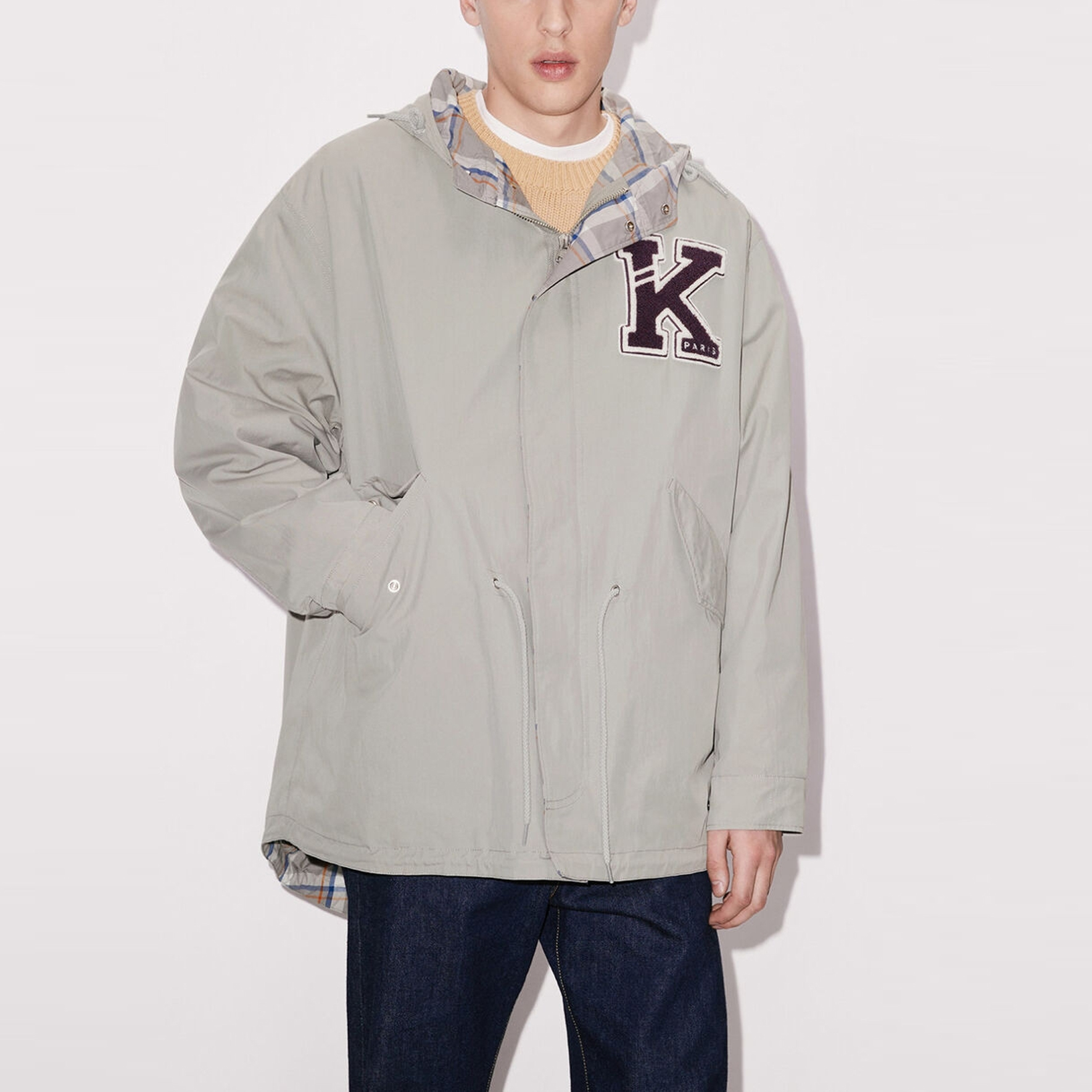 Purchase KENZO SS23 Jaket Parka Logo Bordir Loose Fit Hoodie Abu Mutiara. FD55OU3031NA-94