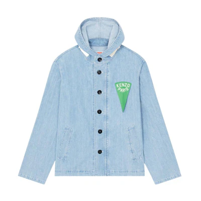 KENZO SS23 Single-Breasted Jacket with Logo Print in Blue. FD55DO3016E2-DT