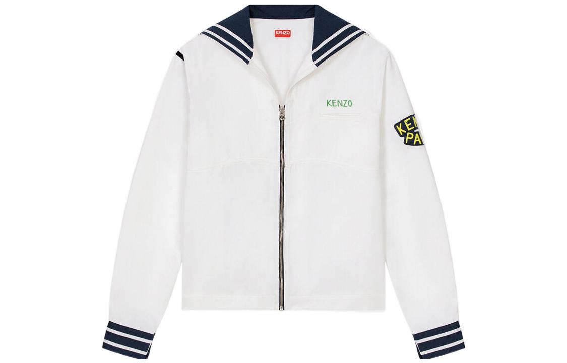 KENZO SS23  White Cropped Navy Collar Shirt Jacket. FD55CH5139LE-01