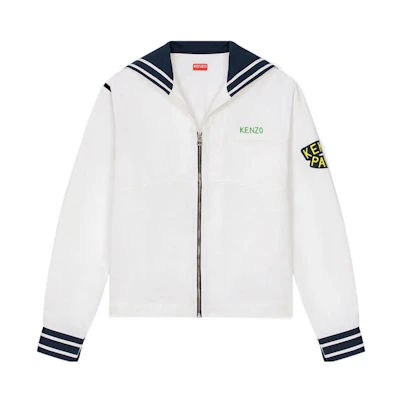 KENZO SS23 White Cropped Navy Collar Shirt Jacket. FD55CH5139LE-01