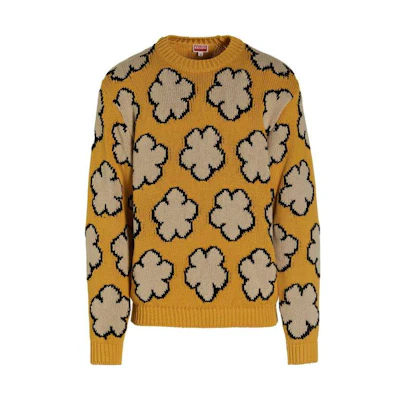 KENZO SS23 Yellow Knit Sweater with Floral Jacquard Design. FD55PU3563CI-40