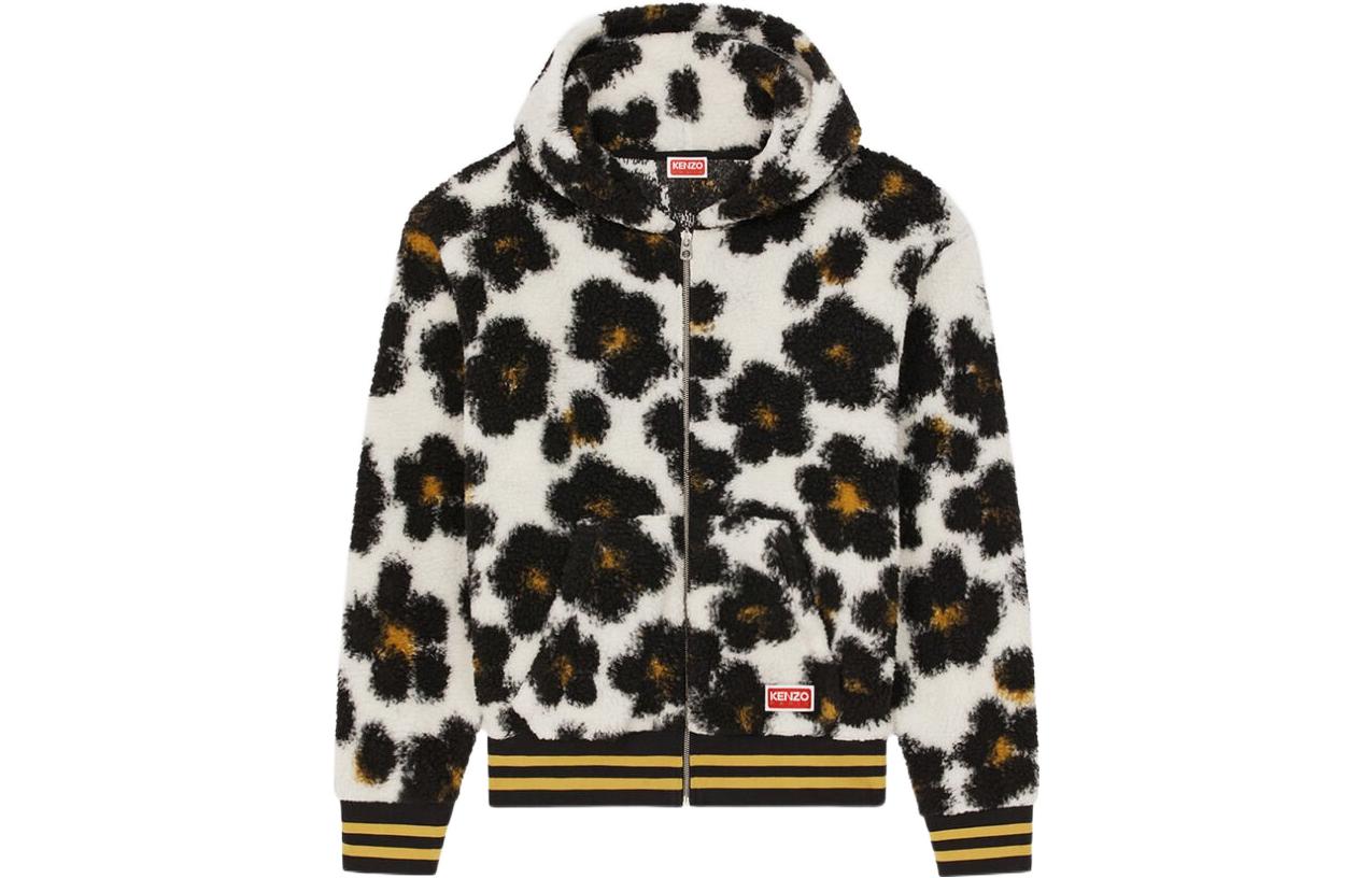 KENZO SS23 Floral Jacquard Leopard Print Hooded Fleece Jacket Unisex Off-White FD55SW4934JP-02