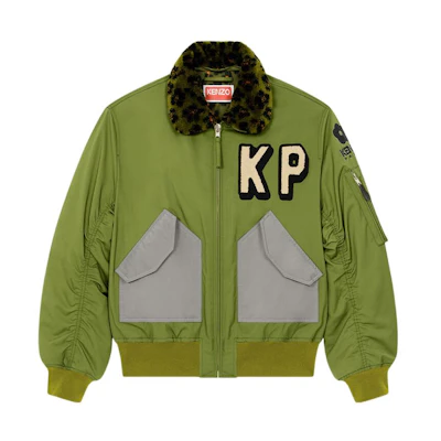 Kenzo SS23 Green Leopard Print Letter Logo Bomber Jacket FD55BL1349OC-50