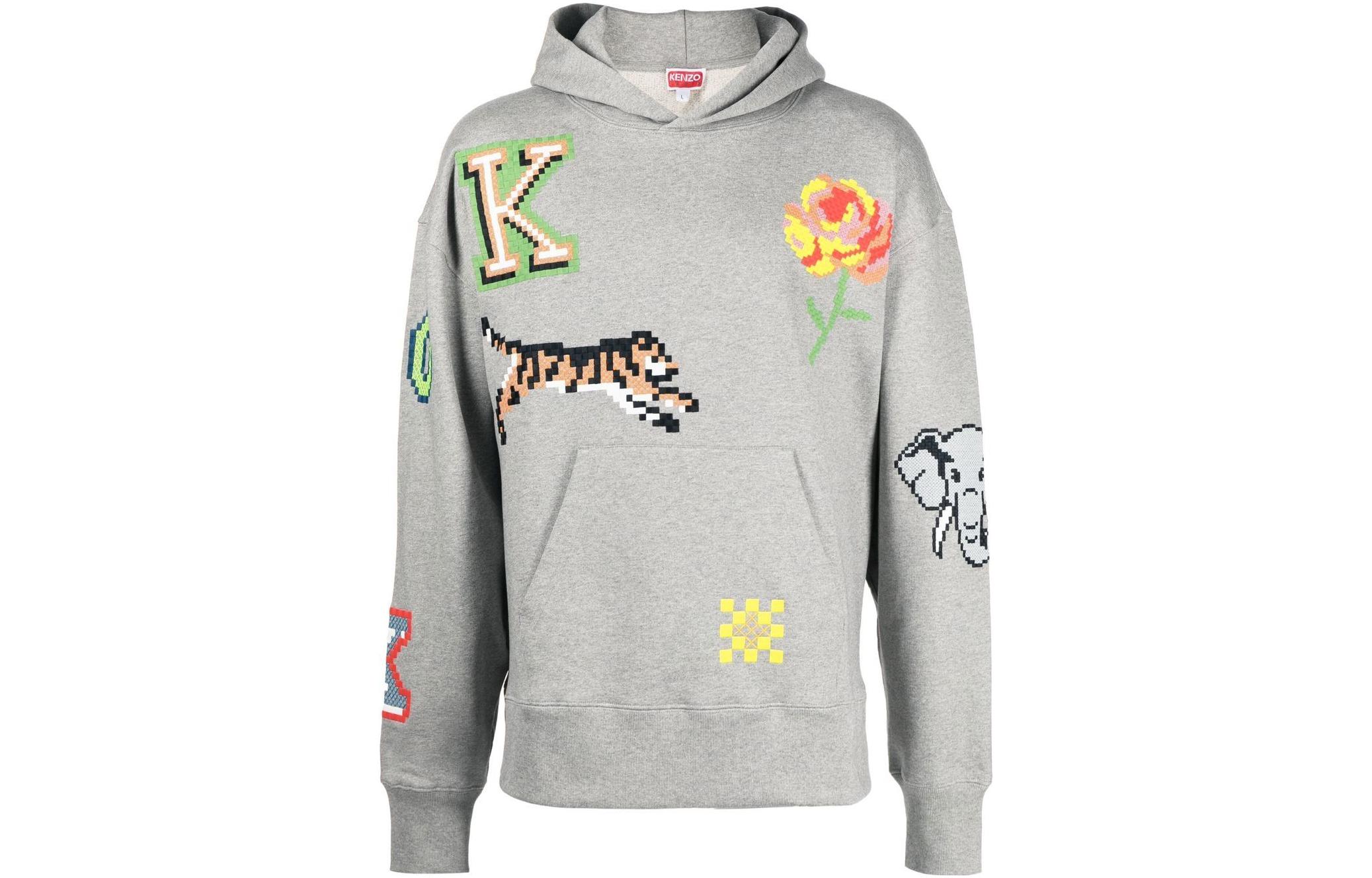 KENZO SS23 Mosaic Embroidered Pullover Hoodie Grey FD55SW467ME-94