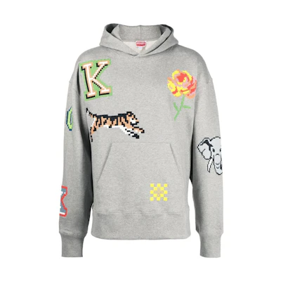 KENZO SS23 Mosaic Embroidered Pullover Hoodie Grey FD55SW467ME-94