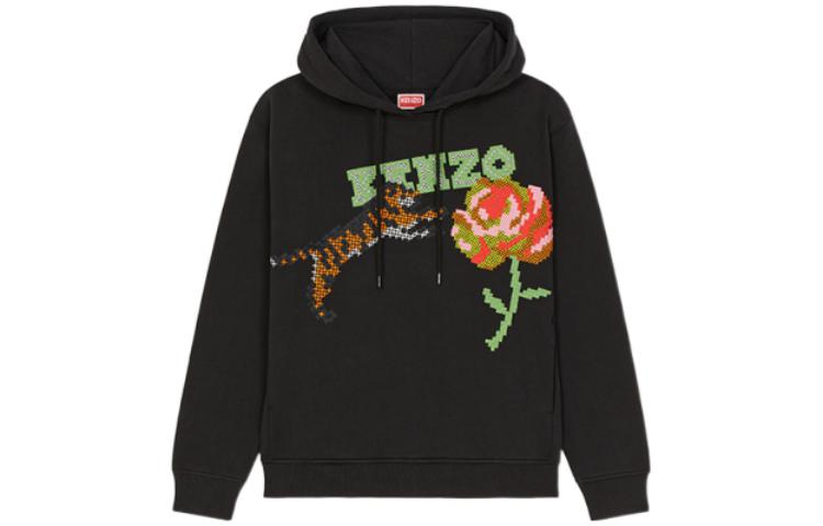KENZO SS23 Pixel Tiger Print Hoodie Black Long Sleeve Sweatshirt FD52SW0594MC-99J
