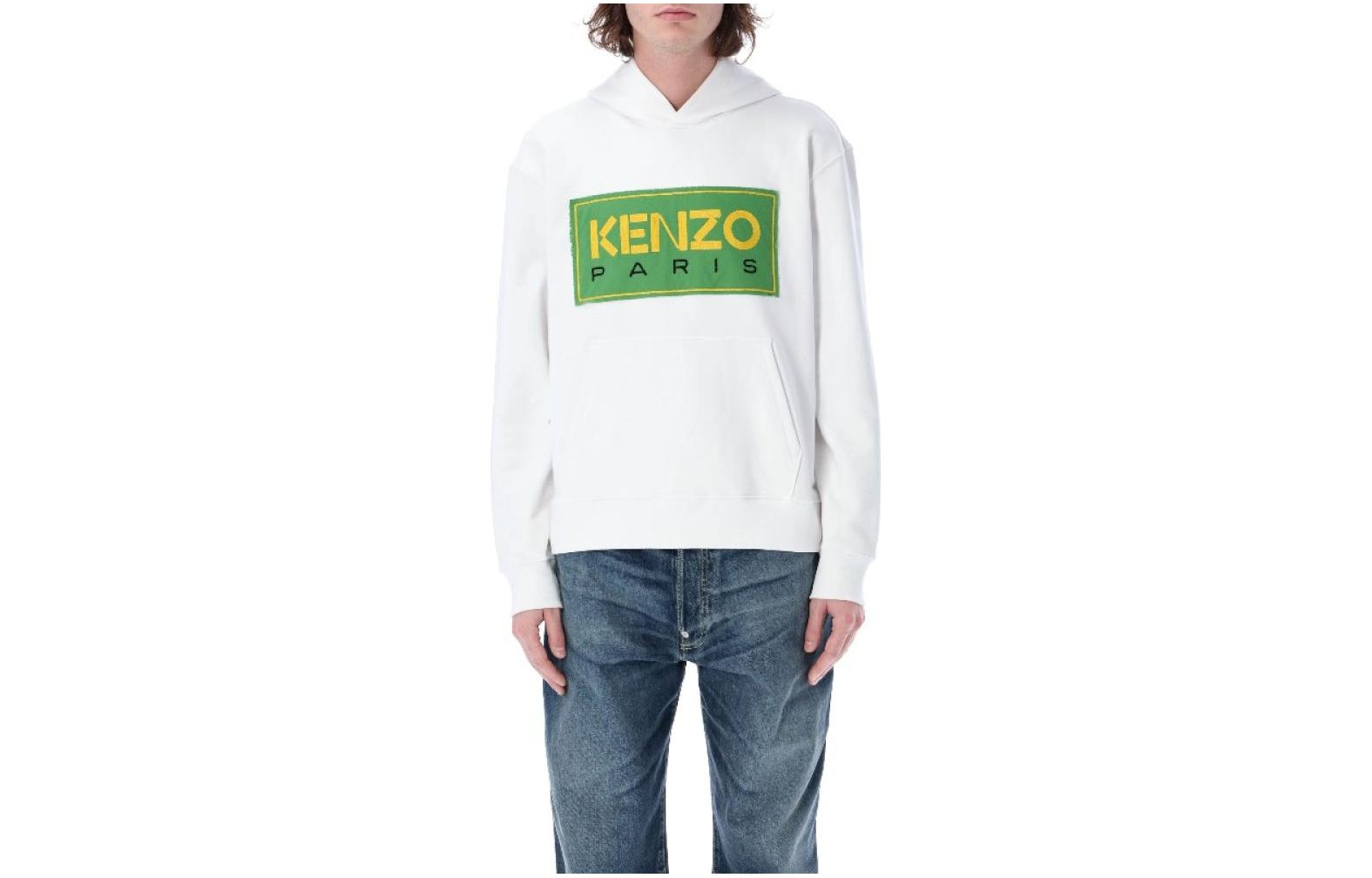 KENZO SS23 White Logo Patch Hoodie Long Sleeve Casual Sweatshirt FD55SW4484ME-01