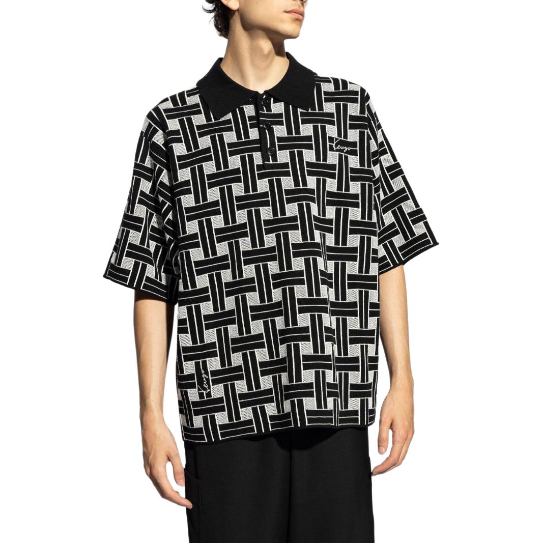 Shop KENZO SS24  Black Checkered Button-Up Short Sleeve Polo Shirt. FE65PU4783CA-99J