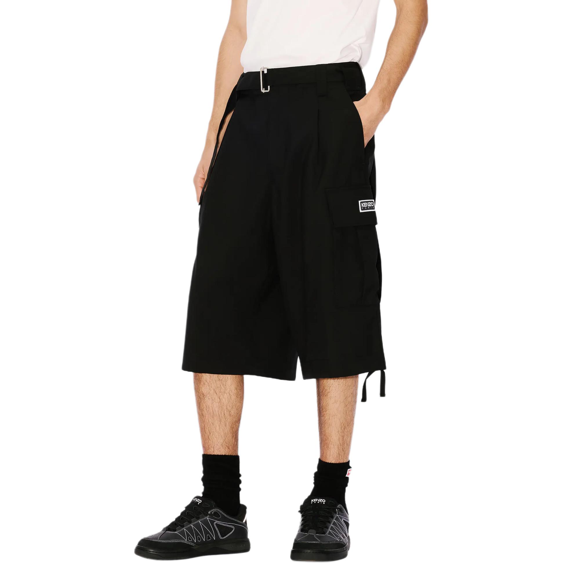 Details for KENZO SS24  Black Relaxed Fit Mid-Rise Letter Patch Shorts. FE55SH2369GE-99
