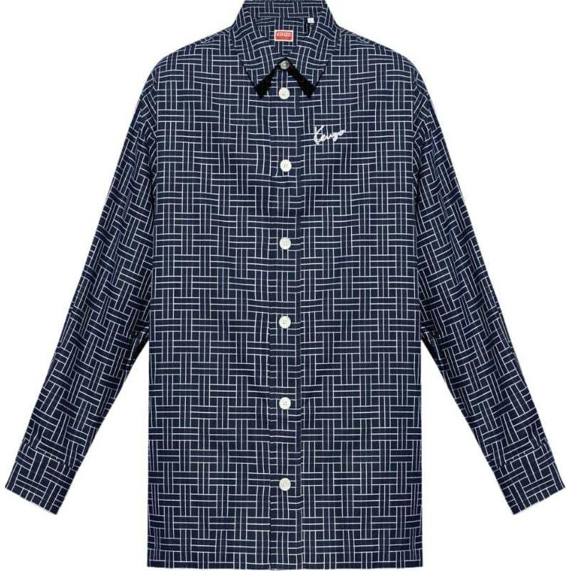 KENZO SS24  Blue Geometric Logo Embroidered Long Sleeve Button Shirt FE65CH5109JD-77