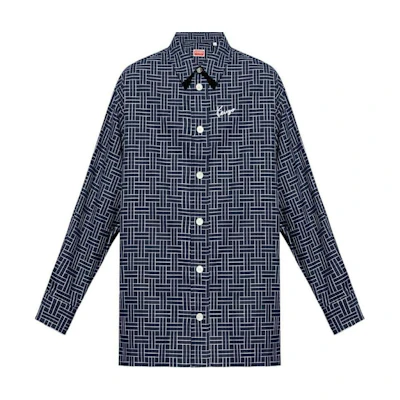 KENZO SS24 Blue Geometric Logo Embroidered Long Sleeve Button Shirt FE65CH5109JD-77
