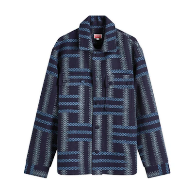 KENZO SS24 Blue Long Sleeve Shirt Coat with Logo Pattern. FE65CH5319JB-77