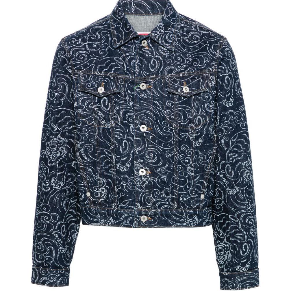 KENZO SS24  Indigo Denim Jacket with Rhinestone Logo Embellishment. PFE65DV3076-R1