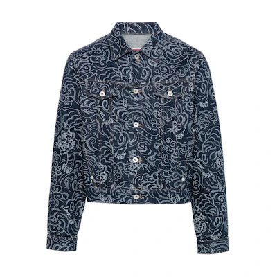 KENZO SS24 Indigo Denim Jacket with Rhinestone Logo Embellishment. PFE65DV3076-R1