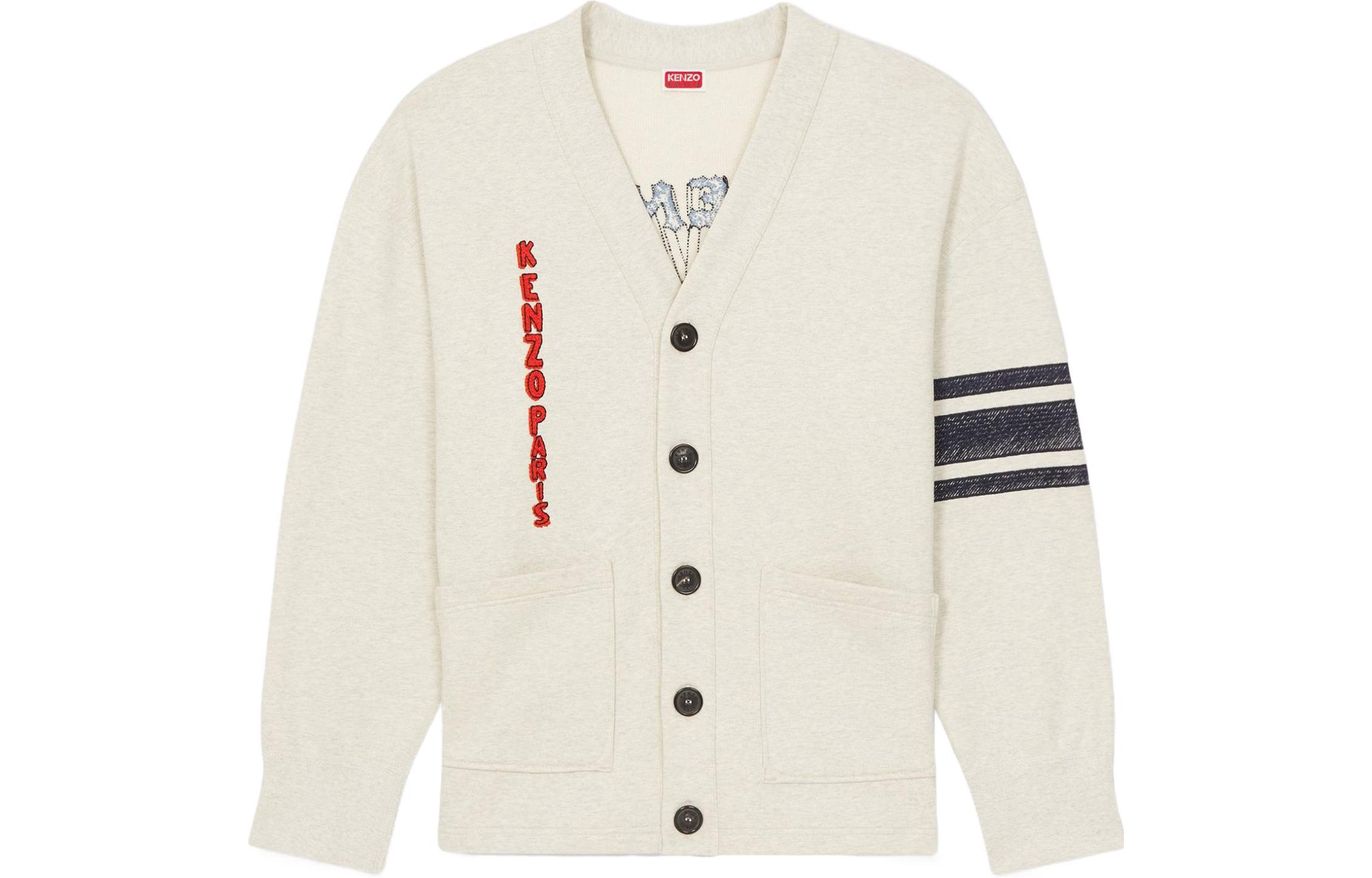 KENZO SS24  Light Grey Tiger Logo Button-Up Knit Cardigan Long Sleeve. FE55SW1434ME-93