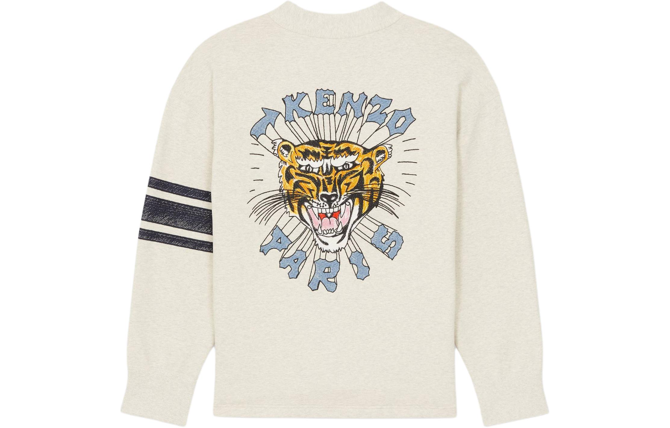 Lookbook KENZO SS24 Kardigan Rajut Lengan Panjang Abu-Abu Logo Harimau Kancing Depan. FE55SW1434ME-93