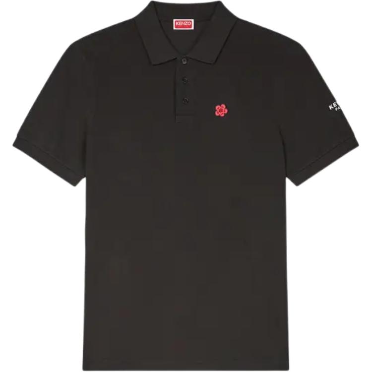 KENZO SS24  Slim Fit Black Polo Shirt with Floral Logo Embroidery. FE65PO5394PU-99J