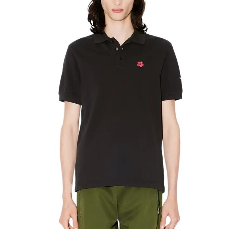 Shop KENZO SS24 슬림 핏 블랙 폴로 셔츠 플로럴 로고 자수. FE65PO5394PU-99J