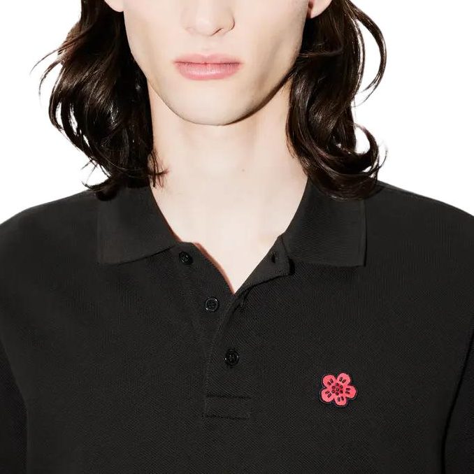 Details for KENZO SS24 슬림 핏 블랙 폴로 셔츠 플로럴 로고 자수. FE65PO5394PU-99J