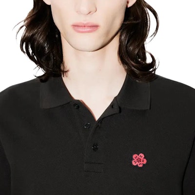KENZO SS24 슬림 핏 블랙 폴로 셔츠 플로럴 로고 자수. FE65PO5394PU-99J Details for KENZO SS24 슬림 핏 블랙 폴로 셔츠 플로럴 로고 자수. FE65PO5394PU-99J