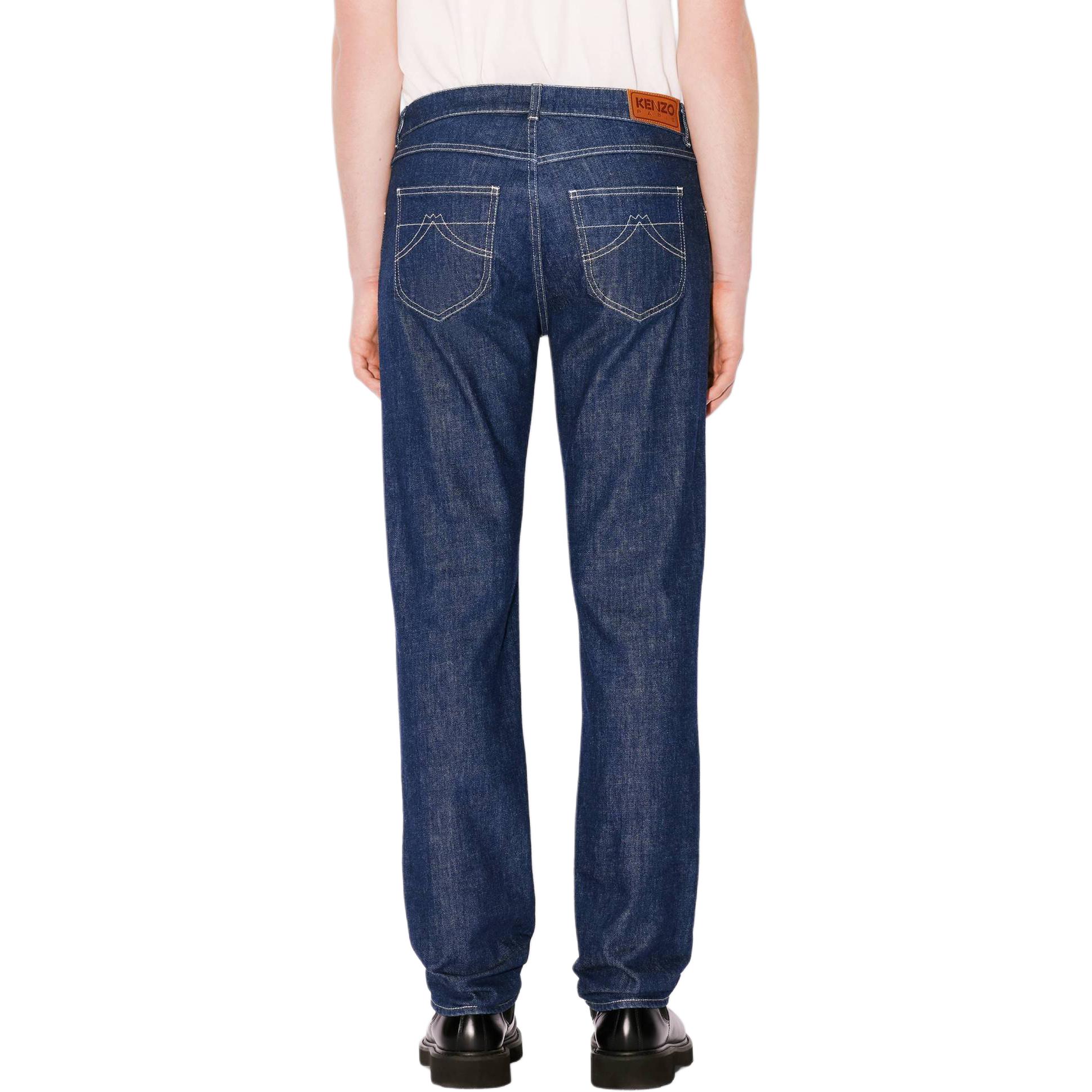 Details for KENZO SS24  Slim Fit Mid-Rise Indigo Denim Jeans with Zipper Closure. FE65DP1016S1-DM
