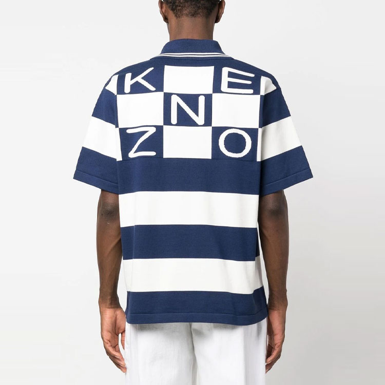 Shop 겐조 SS24 스트라이프 로고 프린트 반팔 폴로 셔츠 - 블루. FD55PU3713CN-77