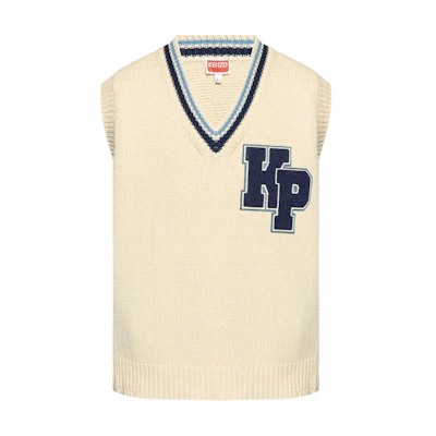 KENZO SS24 V-Neck Logo Patch Casual Vest in Light Beige. FE65PU4753CH-02