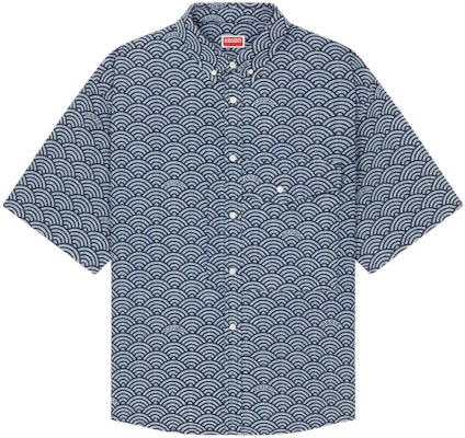 KENZO SS24 Baju Denim Lengan Pendek Cetakan Ombak Biru. FE55DC1016L1-DM Order KENZO SS24 Baju Denim Lengan Pendek Cetakan Ombak Biru. FE55DC1016L1-DM