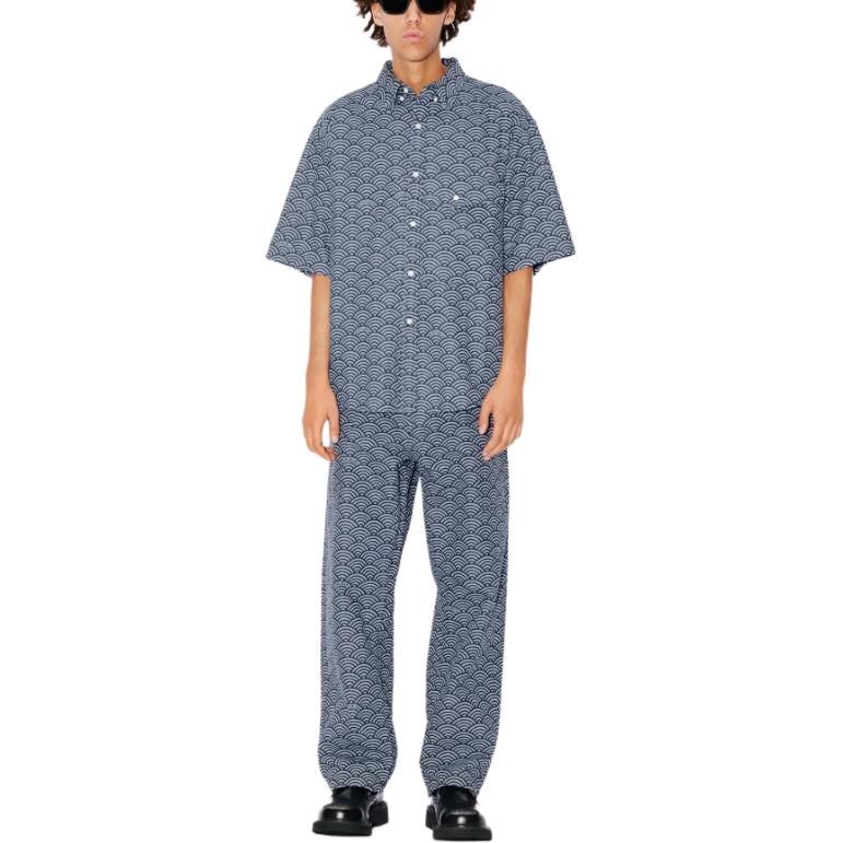 Shop KENZO SS24 Baju Denim Lengan Pendek Cetakan Ombak Biru. FE55DC1016L1-DM