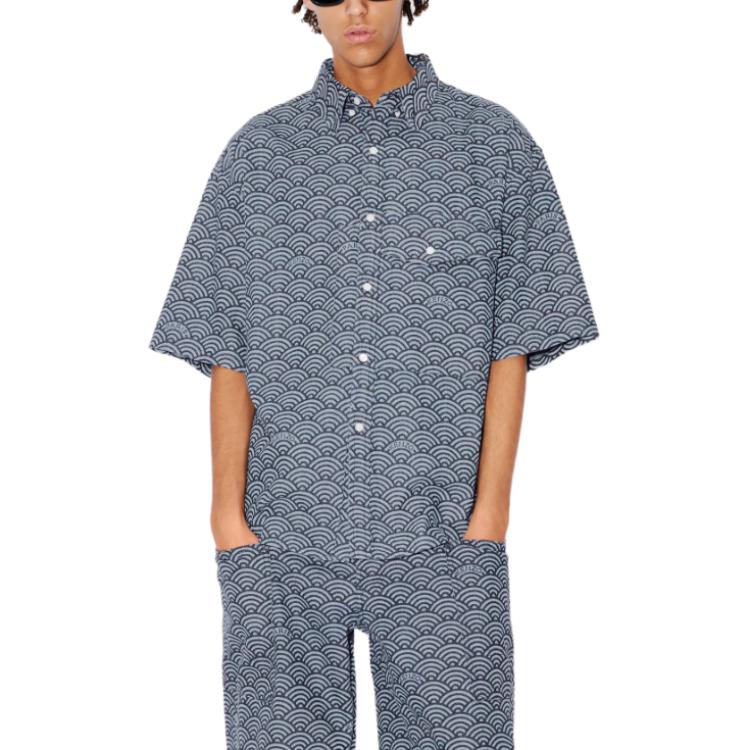 Purchase KENZO SS24 Baju Denim Lengan Pendek Cetakan Ombak Biru. FE55DC1016L1-DM