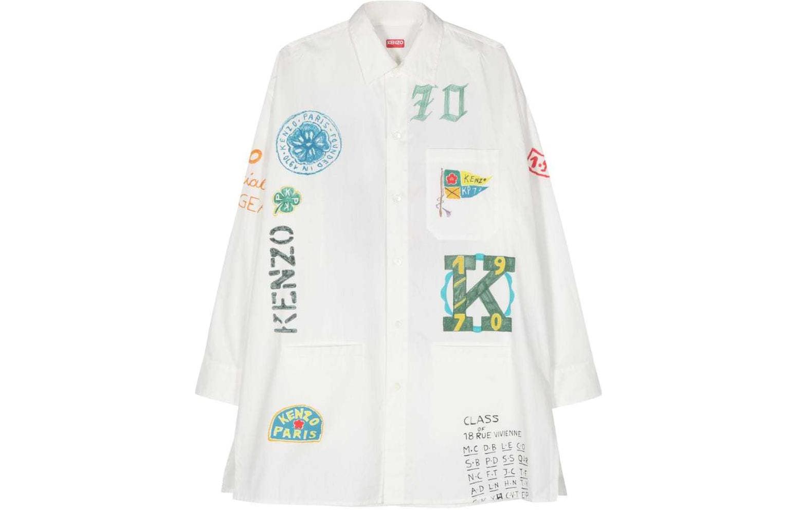 KENZO SS24  White Long-Sleeve Shirt with Tiger Logo Print. FE55CH5239P9-MU