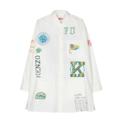 KENZO SS24 White Long-Sleeve Shirt with Tiger Logo Print. FE55CH5239P9-MU