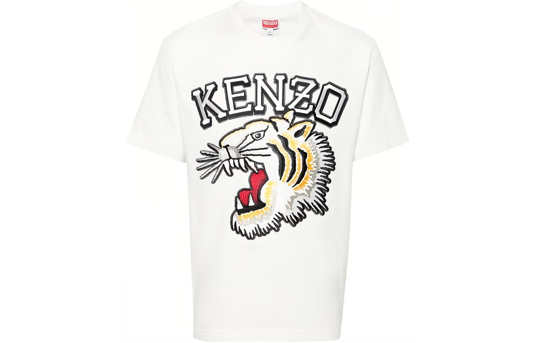 KENZO SS24  White Loose Fit Tee with Embroidered Tiger Letter Print. FE55TS1874SG-02