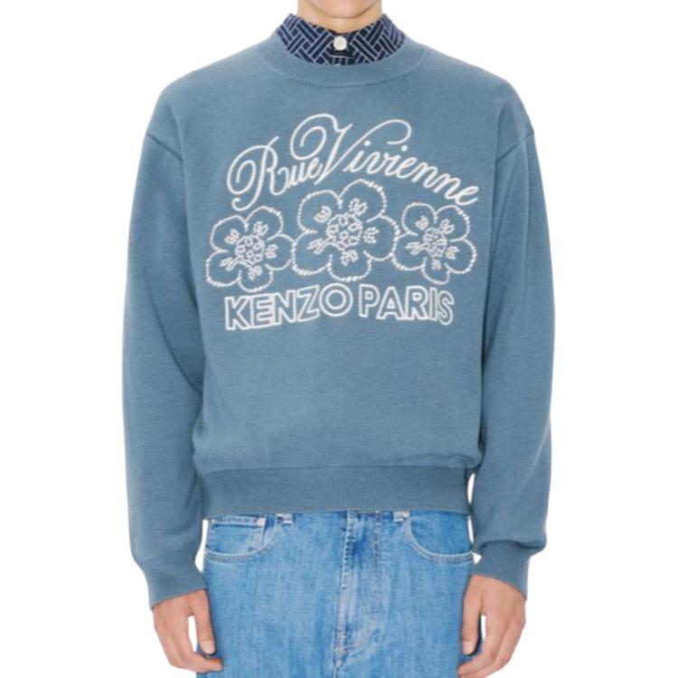 Sizing KENZO SS24 Sweater Unisex Lengan Panjang Biru Logo Print Crewneck FE68PU4903CY-67