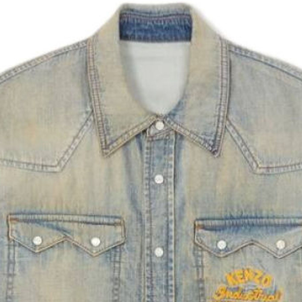 Shop KENZO SS24 Baju Denim Lengan Panjang Logo Pudar Lelaki Biru FE55DC4136E8-DY