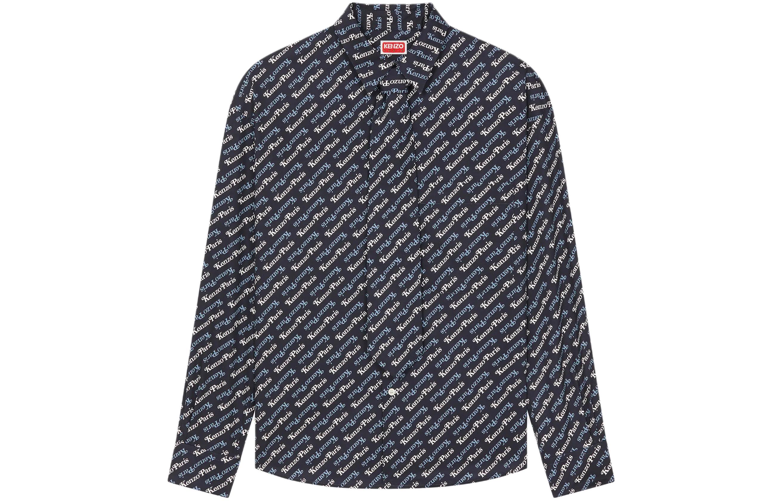 KENZO SS24 Letter Print Long Sleeve Shirt with Detachable Tie Midnight Blue Men FE55CH4219P2-77