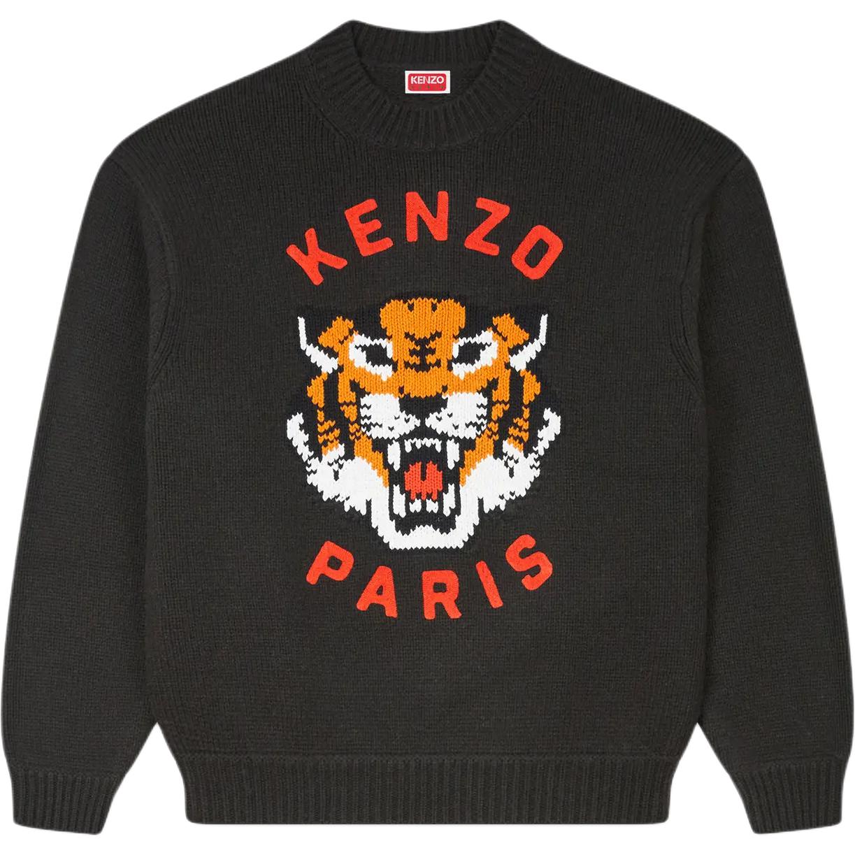 KENZO SS24 Letter Tiger Intarsia Knit Crewneck Sweater Unisex Black. FE68PU4773LH-99J