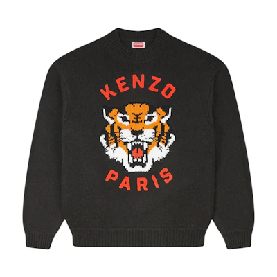 KENZO SS24 Letter Tiger Intarsia Knit Crewneck Sweater Unisex Black. FE68PU4773LH-99J