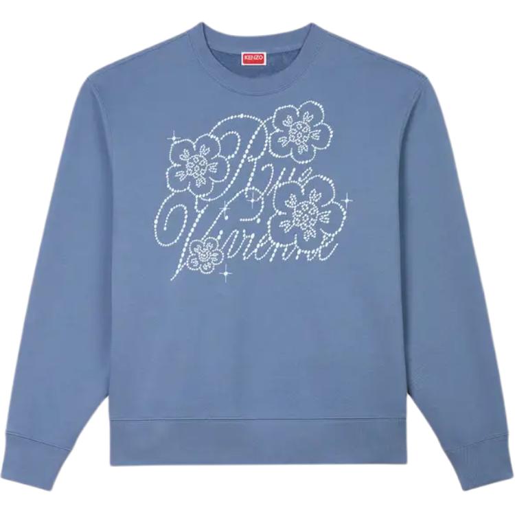 KENZO SS24 Logo Floral Embroidered Crewneck Long Sleeve Sweatshirt Blue Men FE65SW2284MG-67