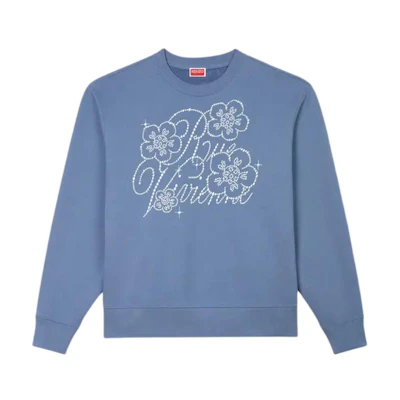 KENZO SS24 Logo Floral Embroidered Crewneck Long Sleeve Sweatshirt Blue Men FE65SW2284MG-67